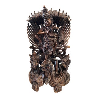 Vintage Hand Carved Wood Sculpture of Lord Vishnu Riding Garuda 19" H For Sale