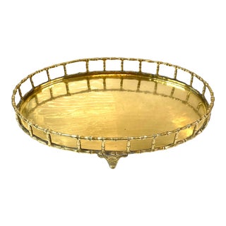 Circa 1960 Vintage Brass Faux Bamboo Footed Oval Tray For Sale