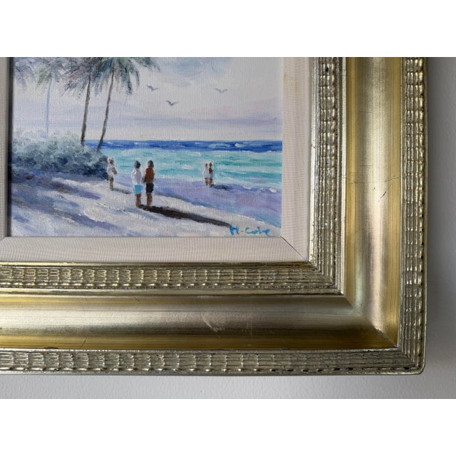Wood Vintage H. Cole Impressionist Tropical Beach Scene Oil on Canvas Painting, Framed For Sale - Image 7 of 11