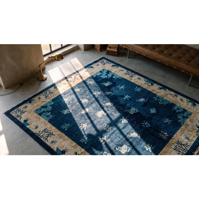 Royal Blue An Excellent Example of Chinese Culture in a Qing Style on Royal Blue Background Color and Beige Border For Sale - Image 8 of 10