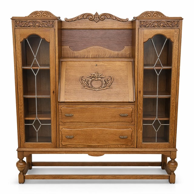 Antique Oak Leaded Glass Bookcase & Desk Combo | Arts & Crafts Era | 1910s-1920s Vintage Home Office Cabinet Description...