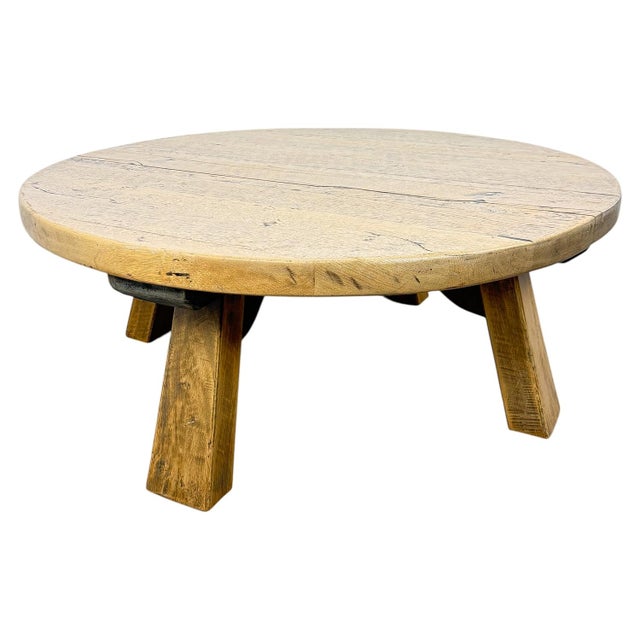1950s Vintage Rustic Brutalist European Round Oak Coffee Table , 1950s For Sale - Image 5 of 11