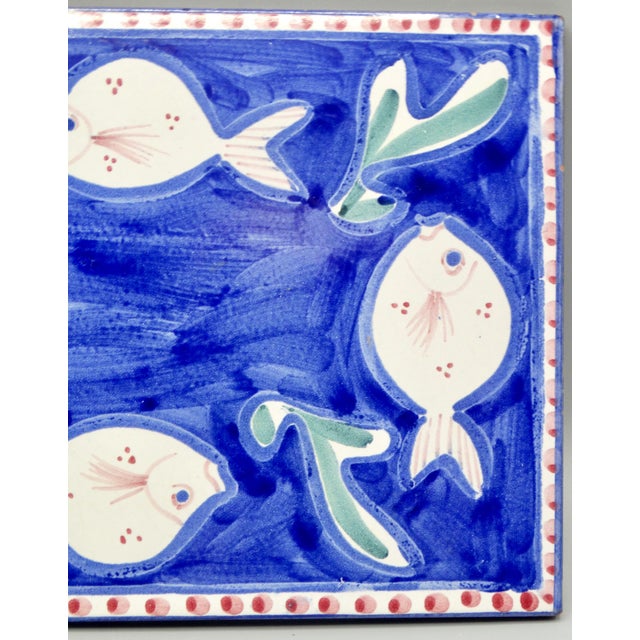 Mid-Century Modern Late 20th Century Italian Ceramic Tile Trivet Hand Painted Swimming Fish For Sale - Image 3 of 9