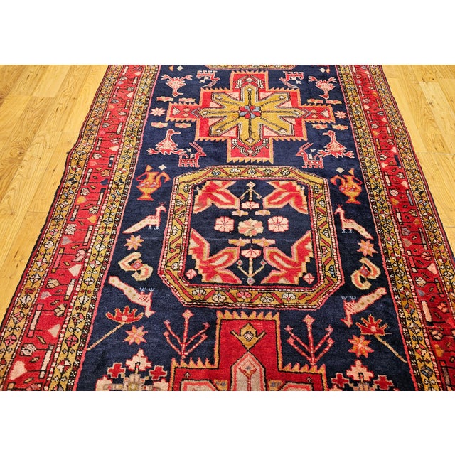 Early 20th Century Vintage Persian Hamadan Gallery Rug, Hand-Knotted Wool, Geometric Bird Motifs Design, Navy & Red, 5’ X 11’ For Sale - Image 5 of 14