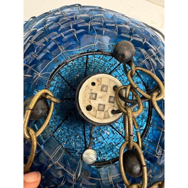 Blue Art Glass Pendant Light : Vintage Mid-Century Cut Blue Glass Stacked Globe-Shaped Round “Blue Moon” Pendant Light Fixture. Mid Century Vibe For Sale - Image 8 of 11