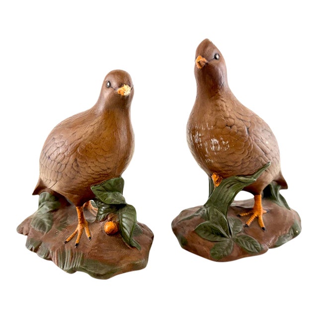 Vintage Mid Century Hand-Painted Quail Figurines on Leafy Bases – A Pair For Sale