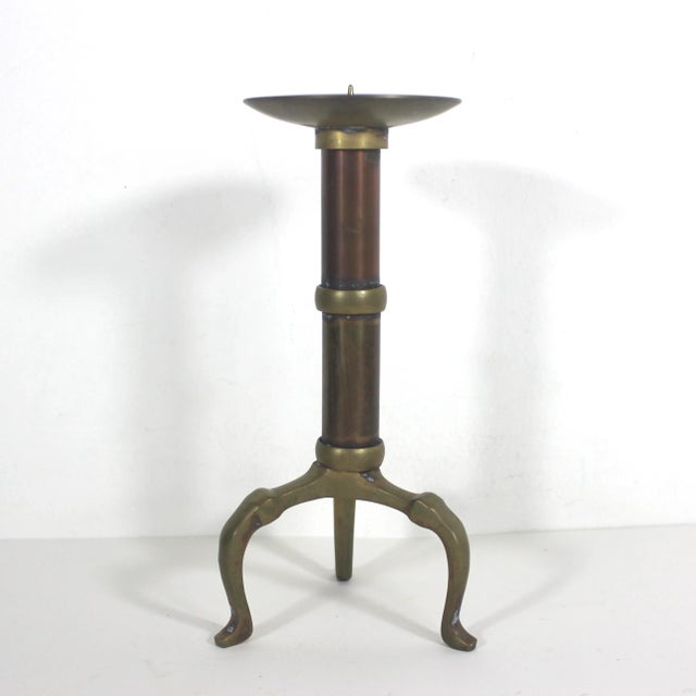 Vintage Brass and Copper Pillar Candle Holder Three Legs Staging Shelf Decor Dining Table Patina Corrosion For Sale - Image 4 of 8