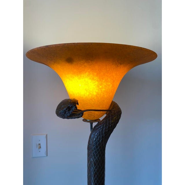 pair of bronze snake lamps with art glass shades approx. 68 inches tall , very minor wear , both have floor dimmer-on and...