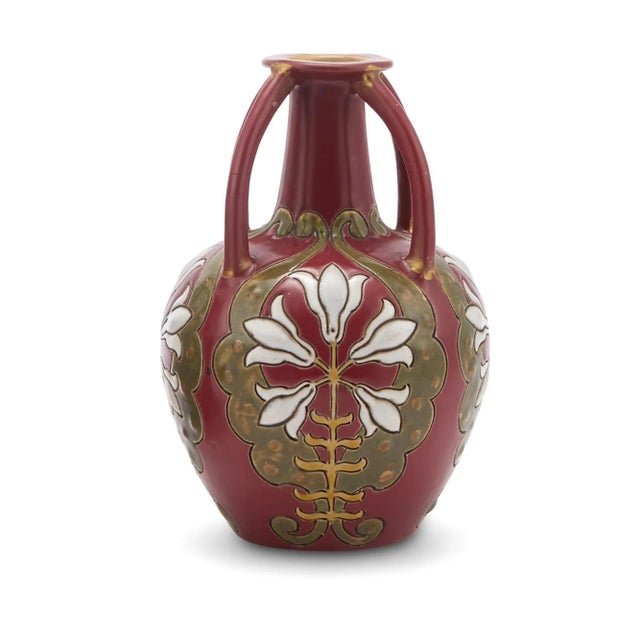 Brick Red Mid 20th Century Hand-Painted / Decorated Pair Decorative Vases For Sale - Image 8 of 11