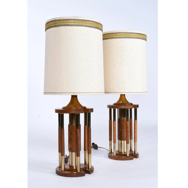 1970s Pair Post Modern Gold Brass and Oak Wood Large Table Lamps For Sale - Image 5 of 10