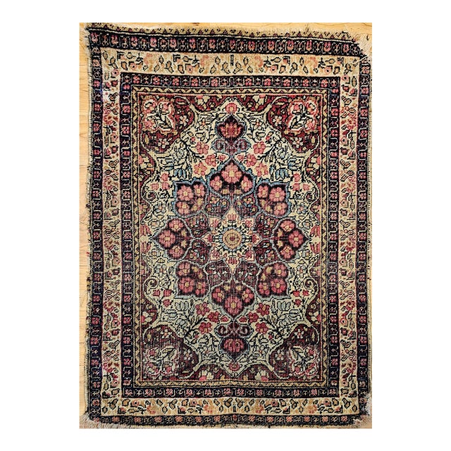 19th Century Persian Kerman Lavar Rug, Hand-Knotted Wool, Floral Pattern, Ivory & Burgundy, 2x3 For Sale