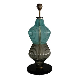 Mid-Century Round Aqua Blue and Smoky Murano Art Glass and Brass Table Lamp, 2000 For Sale