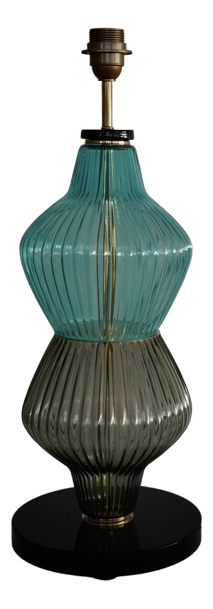 Mid-Century Round Aqua Blue and Smoky Murano Art Glass and Brass Table Lamp, 2000