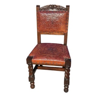 On Hold - Vintage 1966 Spanish Hand Carved Walnut and Tooled Leather Chair For Sale