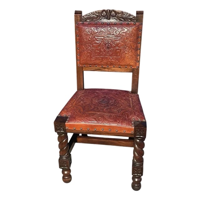 On Hold - Vintage 1966 Spanish Hand Carved Walnut and Tooled Leather Chair For Sale