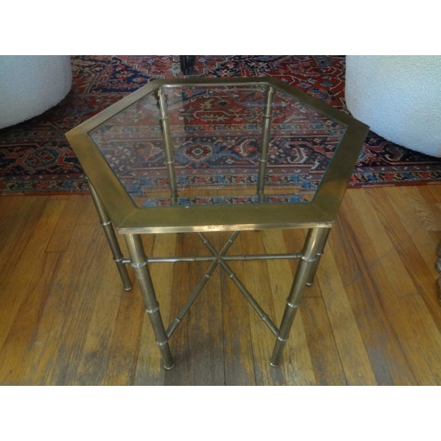 Hollywood Regency Brass Hexagonal Table With Beveled Glass Top. This Versatile Mid-Century Brass Table Can Be Used As A...