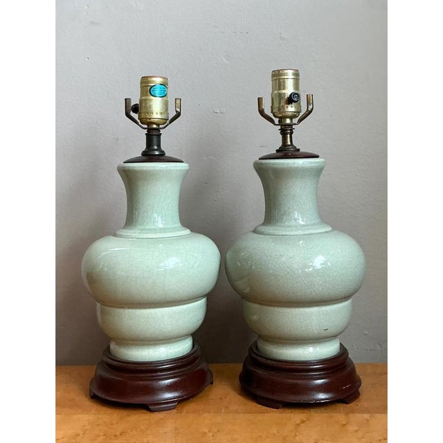 Vintage Celedon Crackle Glazed Ceramic Table Lamps - a Pair For Sale - Image 11 of 12