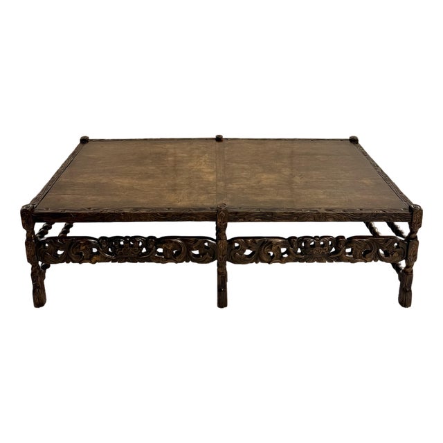 English Carolean Revival Style Carved Wood Coffee Table With Cherubs & Crown Motif For Sale