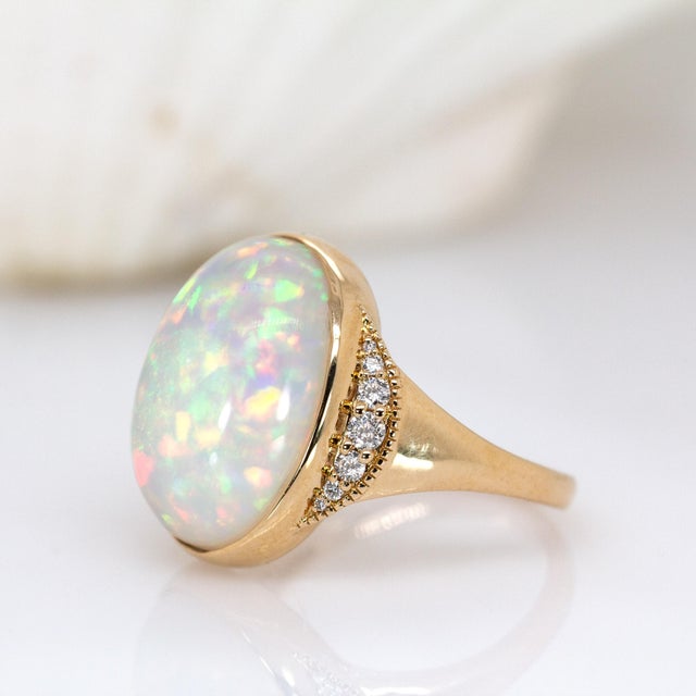 Statement 7.3cts Ethiopian Opal Ring W Natural Diamond Accents in 14k Solid Gold For Sale - Image 4 of 7