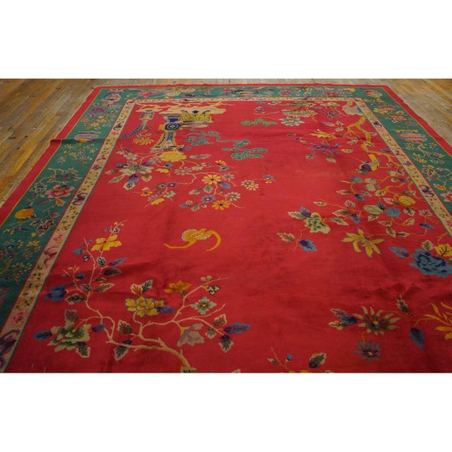 Antique Art Deco Room Size Wool Coral, Green Rug, Circa Date: 1920s. This exceptional piece captures the transitional...