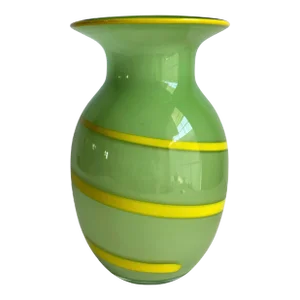 Vintage Art Glass Vase Acid Green Yellow Ribbon Swirl Hand Blown