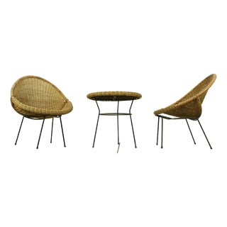 Vintage Italian Rattan Basket Chairs and Bistro Table Set, 1960s, Set of 3 For Sale