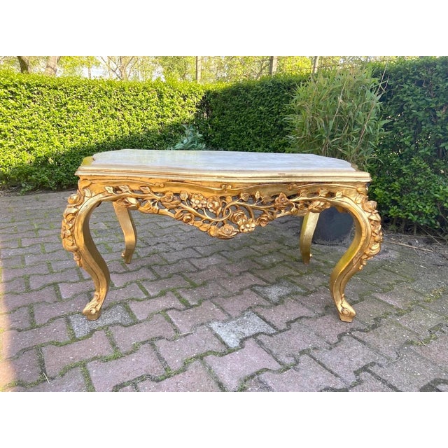 1980s Artisan Louis XVI Gold Beech Marble Coffee Table For Sale - Image 11 of 11