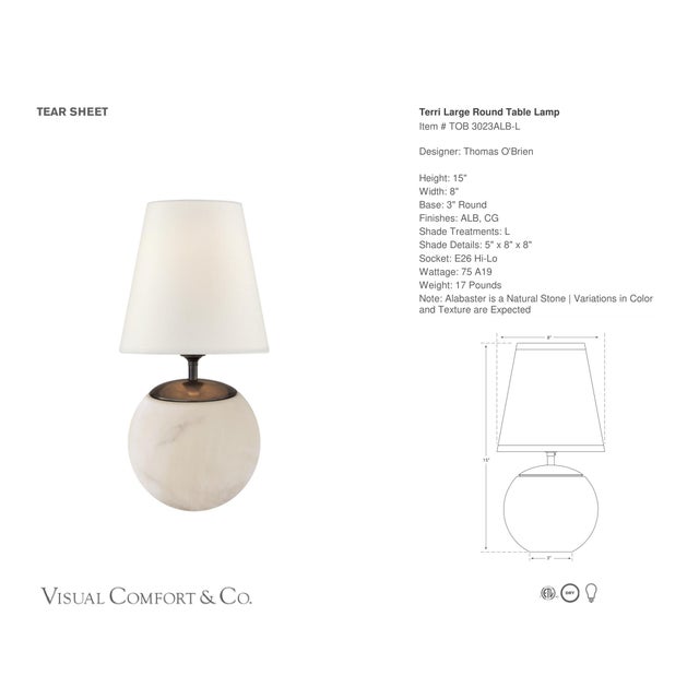 Thomas O'Brien by Visual Comfort Signature Terri Large Round Table Lamp in Alabaster with Linen Shade Designer: Thomas...