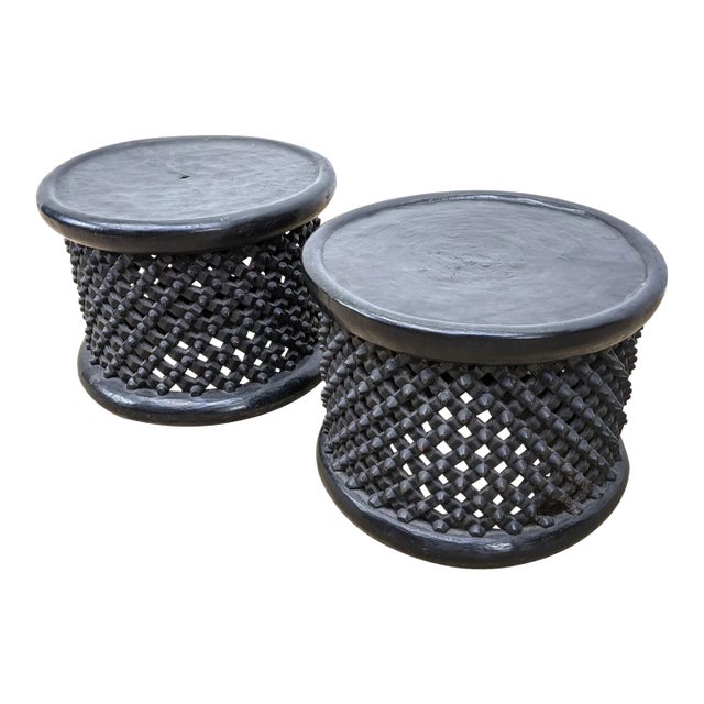 Pair of Mid 20th Century Pierced Carved Wood Stools For Sale