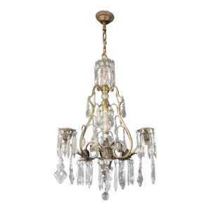 1930s Art Nouveau Art Deco Brass Crystal Chandelier