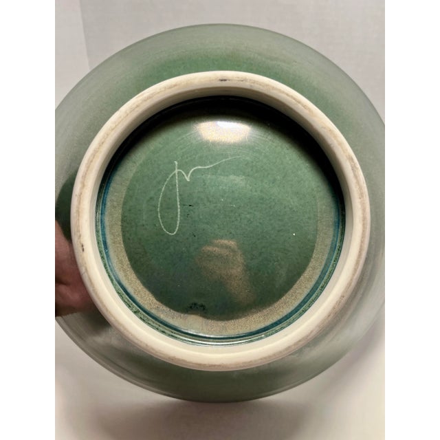1960s Vintage Studio Pottery Large Centerpiece Decorative Porcelain Green Bowl Signed For Sale - Image 5 of 7