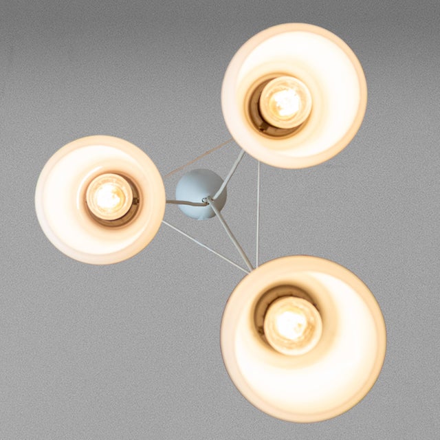 1970s Italian Modern Three-Light Pendant Light in Opaline Glass and Iron, 1970s For Sale - Image 5 of 13