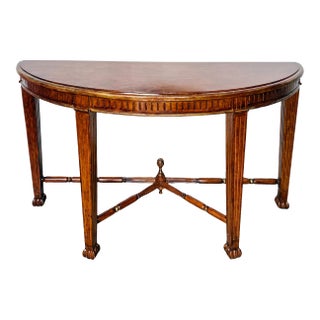 Vintage Neoclassical Fluted Demilune Console Table With Pineapple Finial Stretcher For Sale