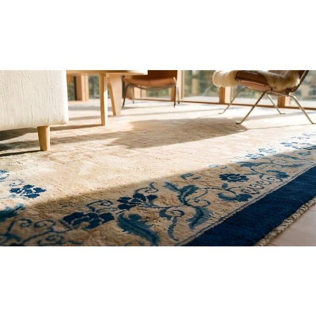 Beige Fabulous Beige Open Field With Light Blue Floral Border Antique Chinese Peking Rug For Sale - Image 8 of 9