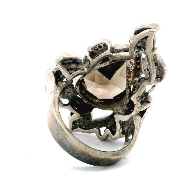 1970s 1970s Italian Smoky Topaz & Diamond Ring in Silver and 14k Gold, Size 8 For Sale - Image 5 of 11