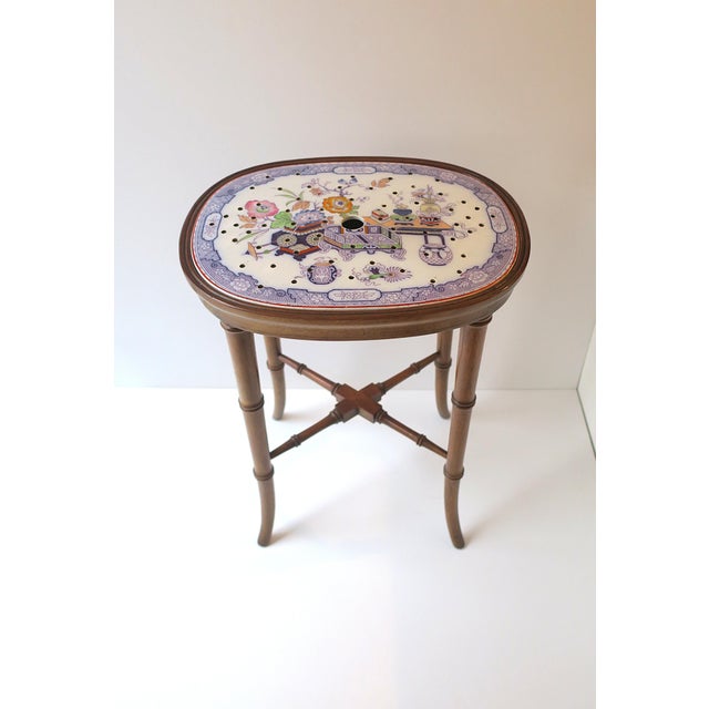English Faux-Bamboo Mahogany Accent Drinks Table With Porcelain Top, Circa Early-20th C For Sale - Image 4 of 14