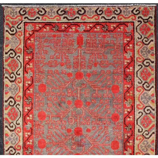 Ntricate Vintage Khotan Rug With Sub-Geometric Design in Reds and Light Blue For Sale - Image 4 of 10