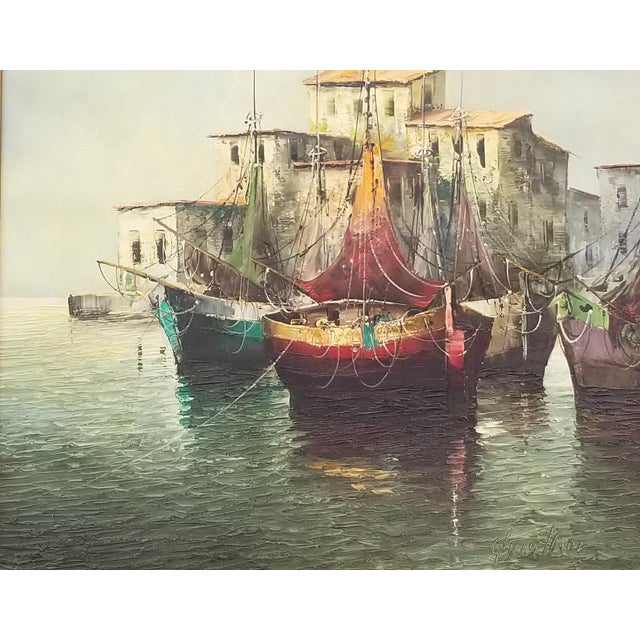 1960s Eleonore Guinther Oil on Canvas Harbor Scene For Sale - Image 4 of 6
