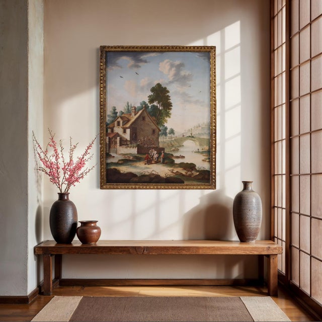 Italian Artist, Countryside Landscape with Genre Scene, 1750, Oil on Canvas, Framed For Sale - Image 6 of 15