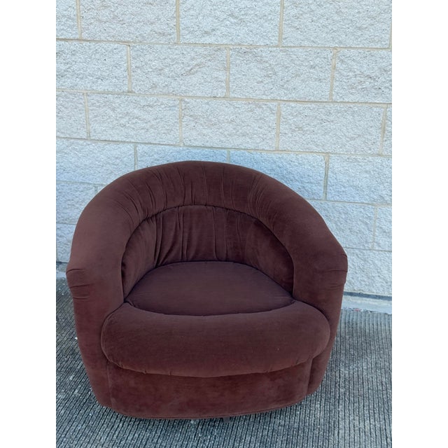 Pair of Vintage 1970s Chocolate Brown Velvet Barrel Club Chairs With Ruched Backs For Sale - Image 10 of 12