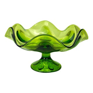 Mid-Century Atomic Viking Glass Green Swung Compote Pedestal Bowl For Sale