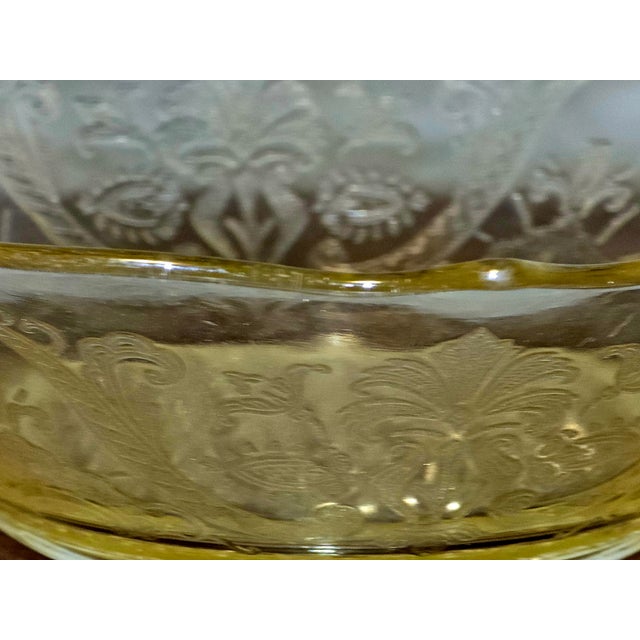 Art Deco Vintage Lancaster Glass “Landrom” Topaz Etched Bowl With Handles – Depression Era For Sale - Image 3 of 10