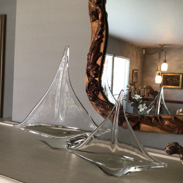 1 large and 1 small pair of hand blown Pilgrim Glass sailboats for the mantle, bookcase, or desk. The smaller of the two...