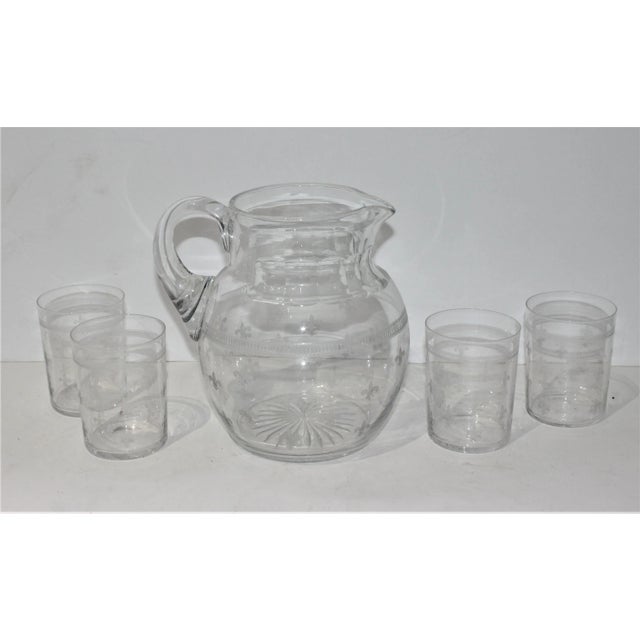 Late 20th Century Fleur De Lis Glass Pitcher and 4 Tumblers Iced Tea Lemonade - a Set For Sale - Image 5 of 13