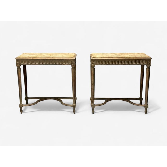 Gustavian, Louis XVI Style, Console Tables, Distressed Grey Wood, Marble, France, 1940s Pair of Gustavian Louis XVI style...