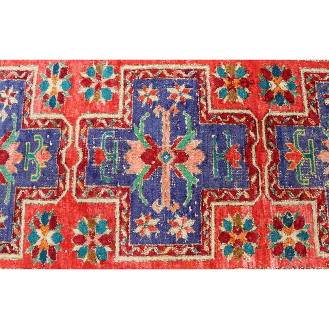 Mid 20th Century Vintage Caucasian Kazak Rug With Cross Medallions in Red and Blue 4'8 X 8'2 For Sale - Image 5 of 15