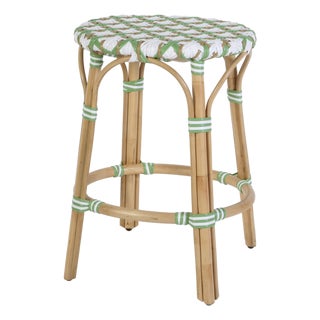 Ballito 24.5 in. Seat Height Oval Rattan Counter Stool with Footrest, French White, Green & Brown For Sale