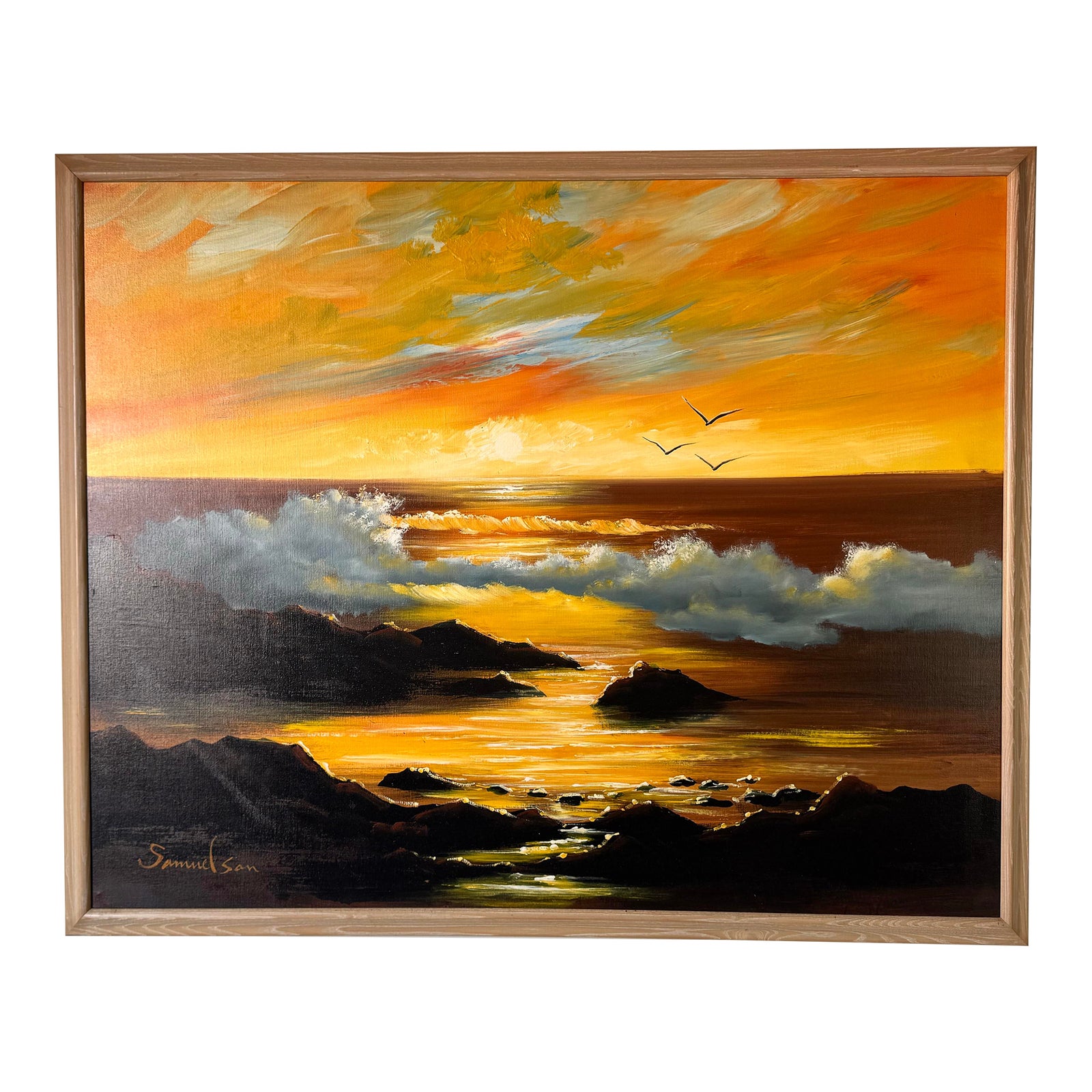 絵画 ANTIQUE OIL PAINTING ORANGE BAY Large - Vintage Samuel San Coastal Seascape Oil on Canvas