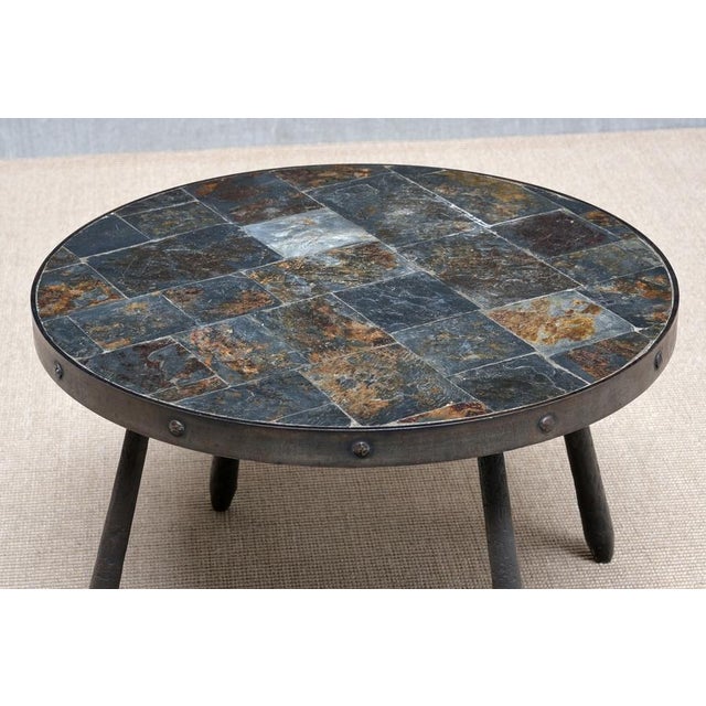 Black French Brutalist Round Side Table in Wrought Iron and Slate, 1970s For Sale - Image 8 of 13