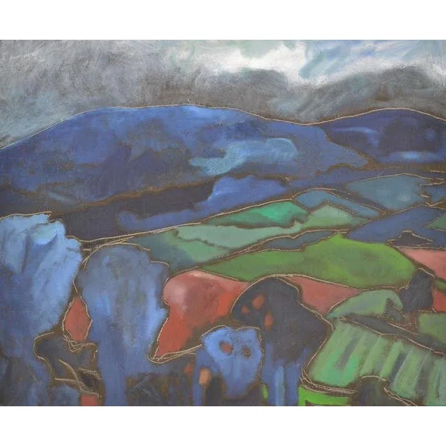 Red Earth an oil on canvas abstract landscape that shows the mountains and fields of Peter Rossiters much loved homeland....